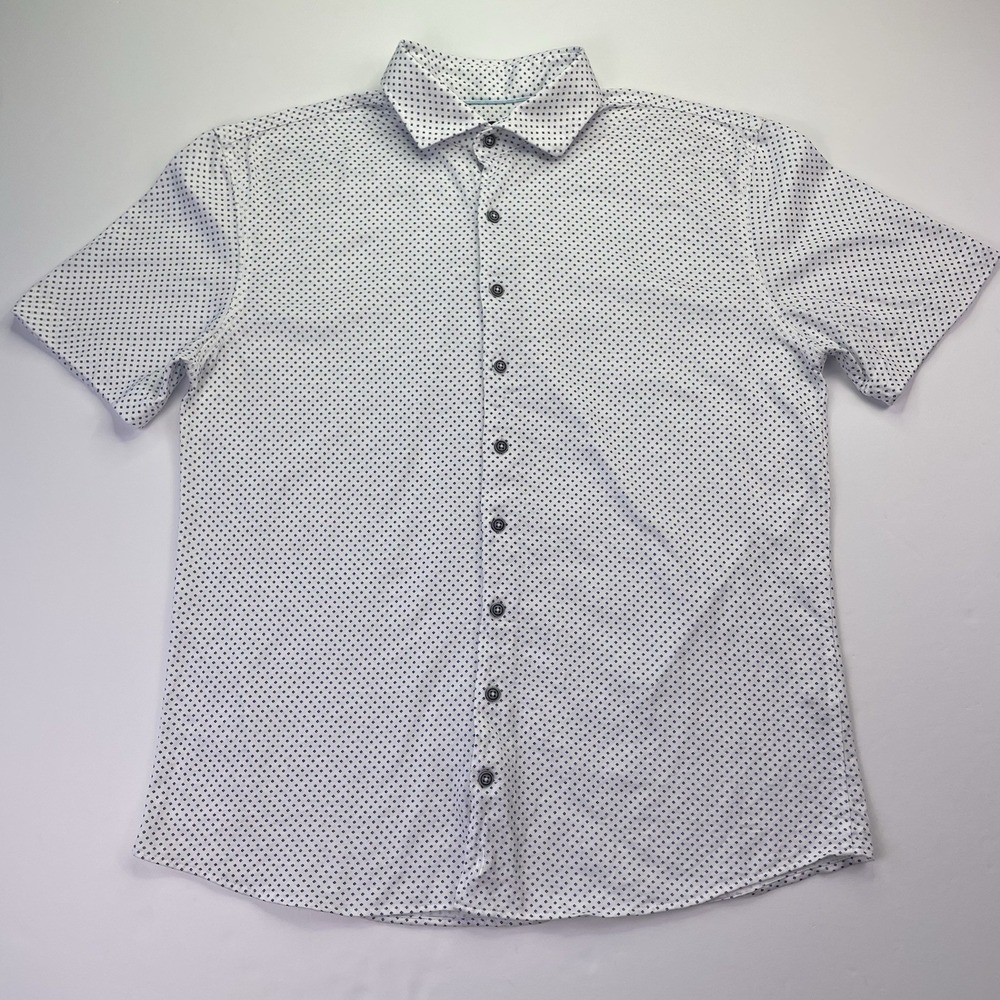 Johnnie O Shirt Mens L White Blue Diamond Print Top Shelf Short Sleeve Button